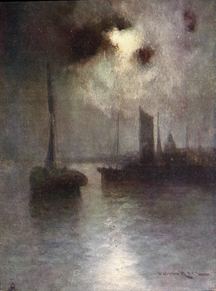 Porto noturno — Vista de barcos sob um céu nublado — Raphael Tuck & Fils, série 397 - Frente