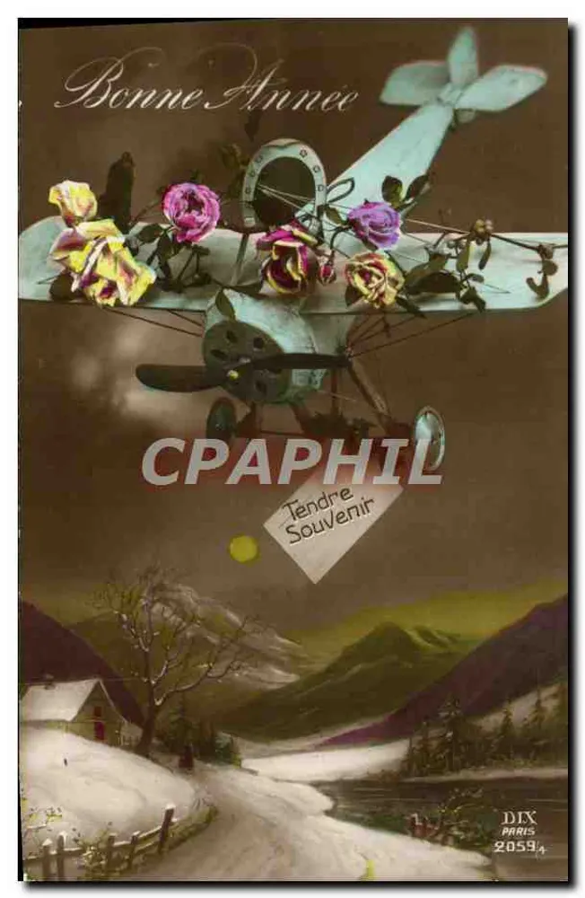 Avião decorado com rosas — Boas Festas — DIX PARIS 20594 - Frente