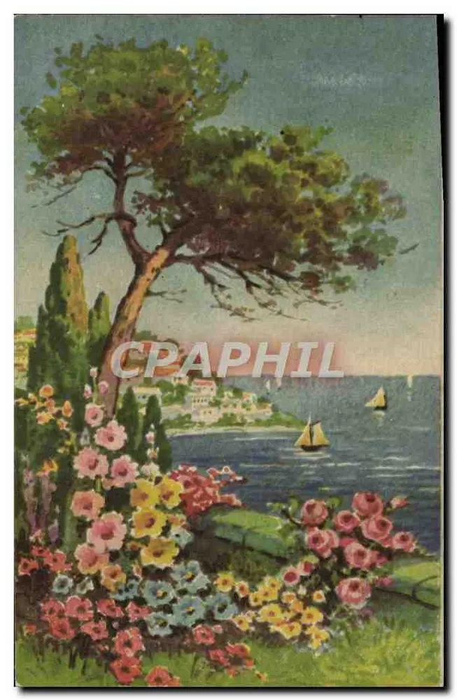 Vista da costa — flores e barcos a vela — Imprimerie Parisienne n°910-6 - Frente