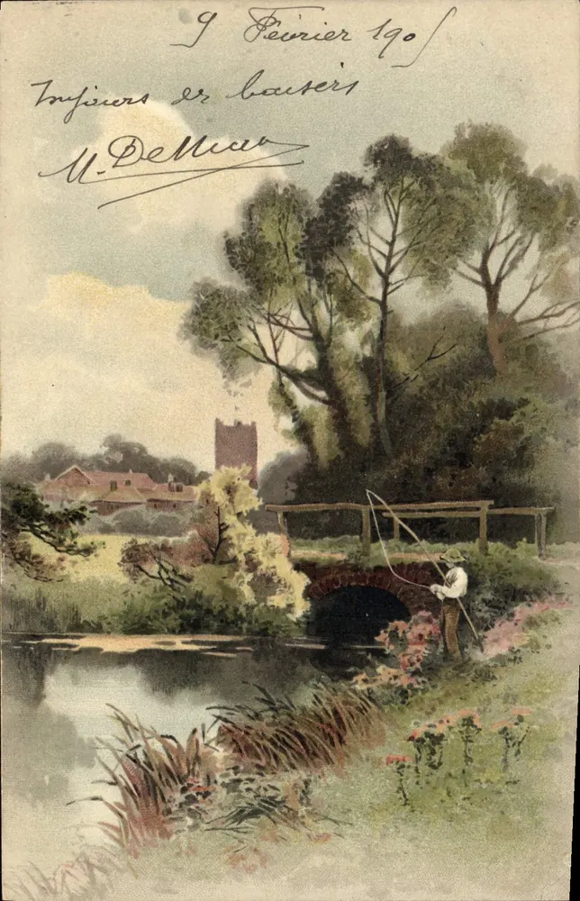 Fischer nahe einer Brücke — Ansicht eines Dorfes — Nr. 86/99 - Vorderseite