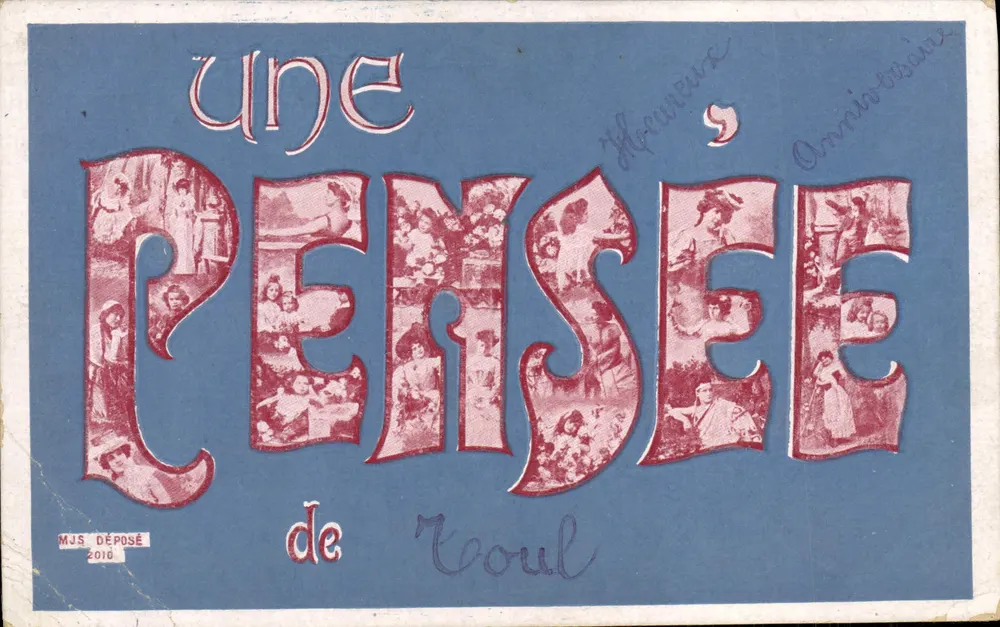 Une pensée — carte de vœux ornée de motifs féminins — éditeur MJS Déposé - Frente