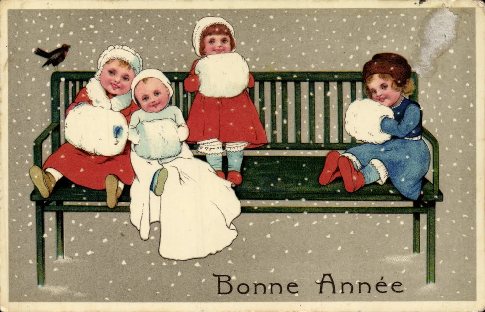 Quatre enfants en hiver — scène de banc sous la neige — éditeur No. 8078 Relief - Frente