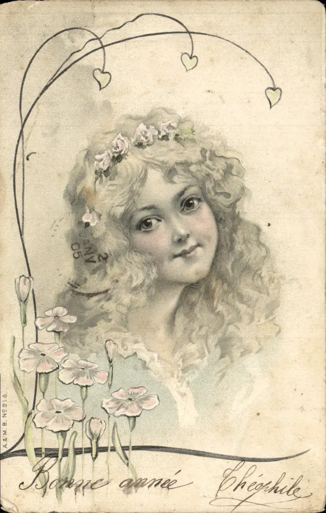 Menina com cabelos cacheados — coroa de flores e flores de pâquerette — A.&M.B. N°218 - Frente