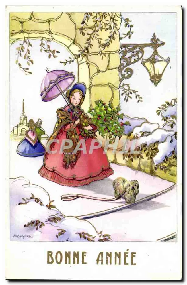Frau in rotem Kleid mit Eibe und Regenschirm — Winterlandschaft mit Hund — Zeichnung von Marylka — Verleger M.D. PARIS, Serie N° 2940 - Vorderseite