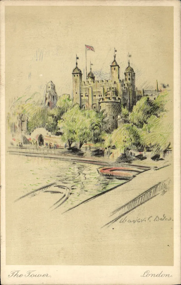 A Torre de Londres — desenho a tinta e pastel — Margaret C. Dalos - Frente
