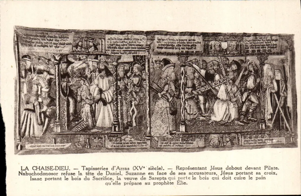 La Chaise-Dieu — Tapisseries d'Arras (XVe siècle) — Représentant Nabuchodonosor refusant la tête de Daniel, Suzanne en face de ses accusateurs, Jésus portant sa croix, Isaac portant le bois du sacrifice, la veuve de Sarepta qui prépare le pain pour le prophète Élie. - Frente