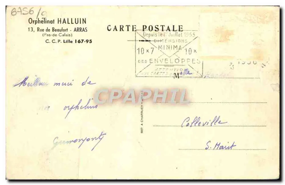 Statue du Père Henri HALLUIN — Fondateur de l'Orphelinat — éditeur IMP. A CHARRUEY — n° 610 - Verso