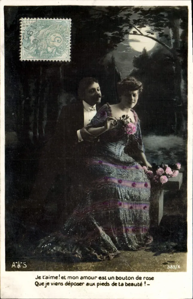 Liebe und Rose — romantische Szene unter dem Mond — A.F.S. n°383/4 - Vorderseite