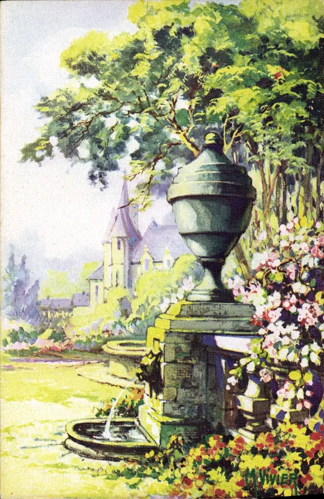 Fontaine em um jardim — vista de aldeia com igreja — M. Vivier - Frente