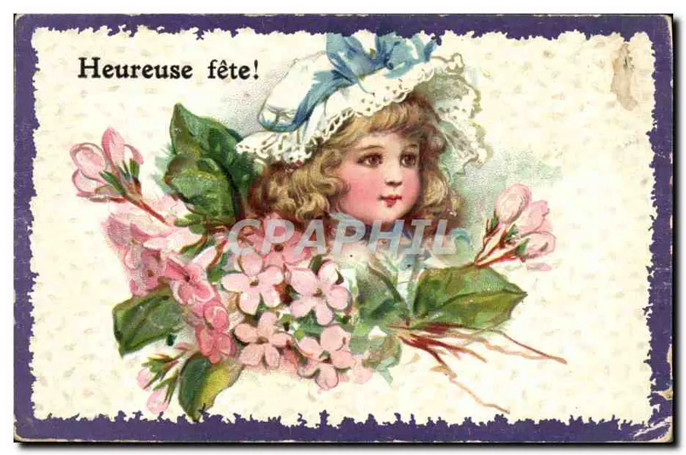 Menina com flores de cerejeira — 'Feliz festa!' — sem editor ou número visível - Frente