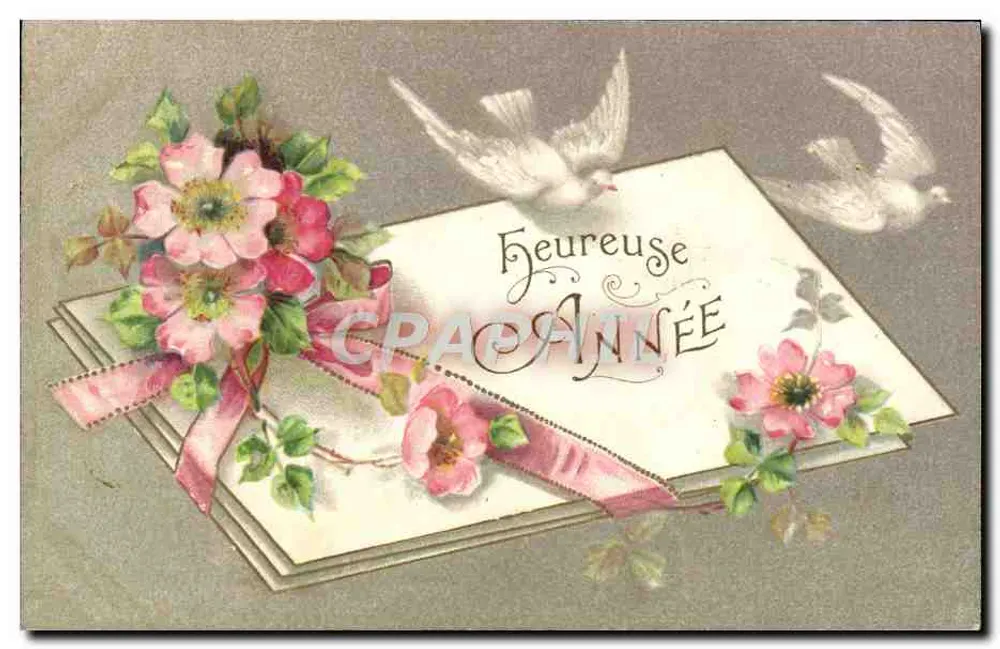 Féueureuse Année — Neujahrs-Karte mit Tauben und Blumen — Verlag nicht sichtbar - Vorderseite