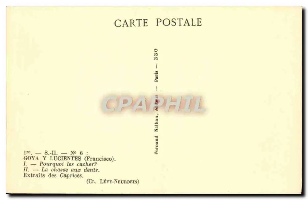 Goya — La caza de los dientes — Extracto de los Caprichos — Editor Nathan, París, n° 330 - Reverso