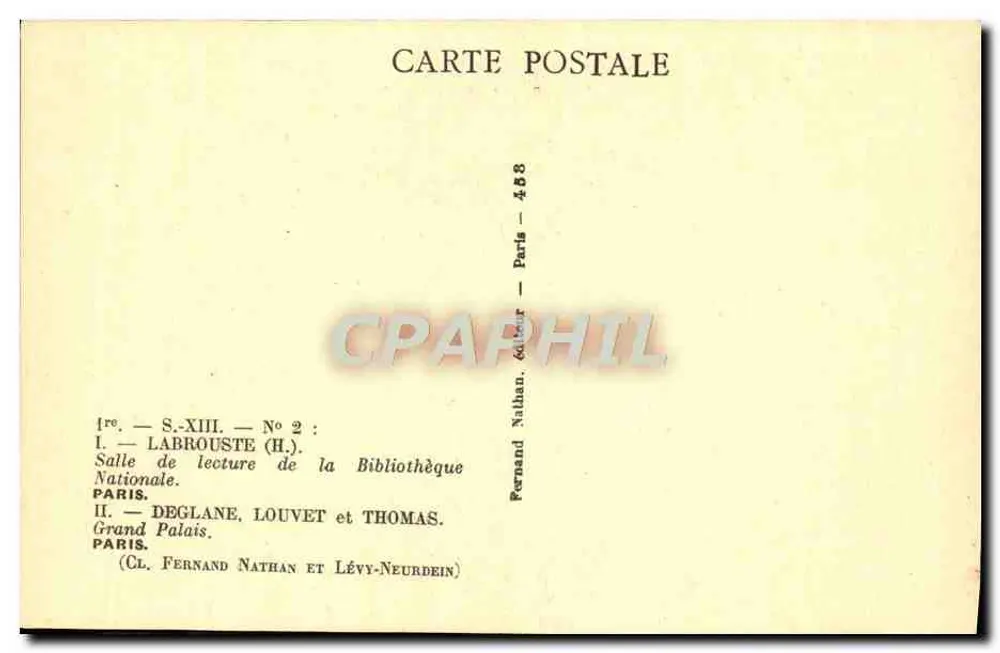 Lesesaal der Nationalbibliothek — Grand Palais — Labrouste, Louvet und Thomas — Fernand Nathan, Paris, n° 458 - Rückseite