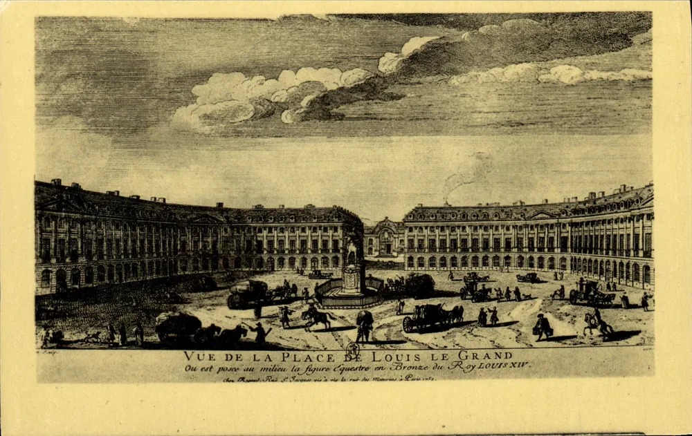 Place Louis-le-Grand — Vista da praça com estátua equestre de Luís XIV — gravura de Rigaud, editada por Fernand Nathan - Frente