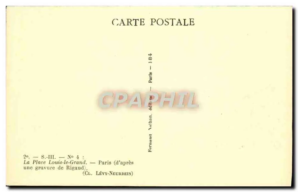 Place Louis-le-Grand — Vista da praça com estátua equestre de Luís XIV — gravura de Rigaud, editada por Fernand Nathan - Verso