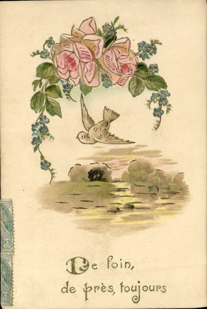 Ave e rosas — De longe, de perto, sempre — Carta postal — União Postal Universal, série 1300 - Frente