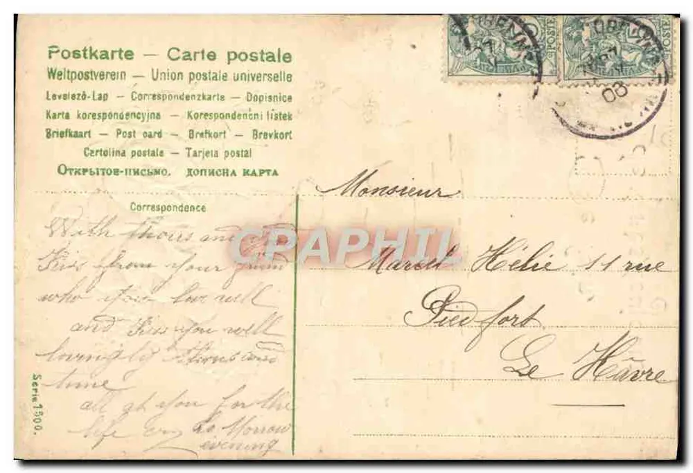 Ave e rosas — De longe, de perto, sempre — Carta postal — União Postal Universal, série 1300 - Verso