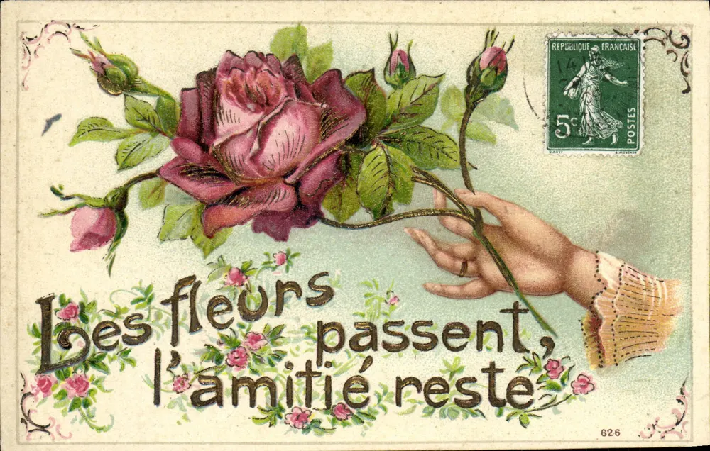 Mão segurando uma rosa — As flores passam, a amizade permanece — editor desconhecido, n° 626 - Frente