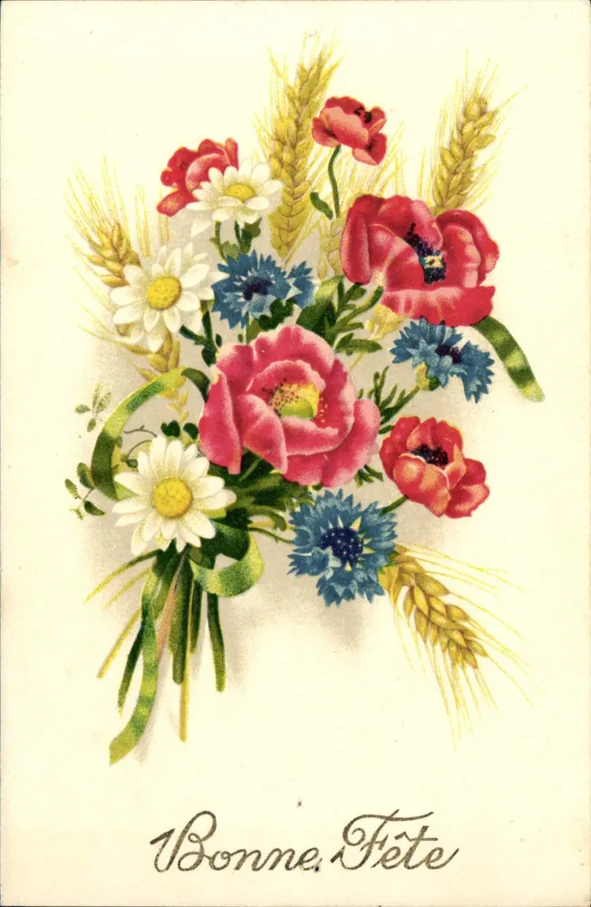Arranjo de flores e espigas de trigo — Boa Festa — Fleurs-GIL N° 010 - Frente