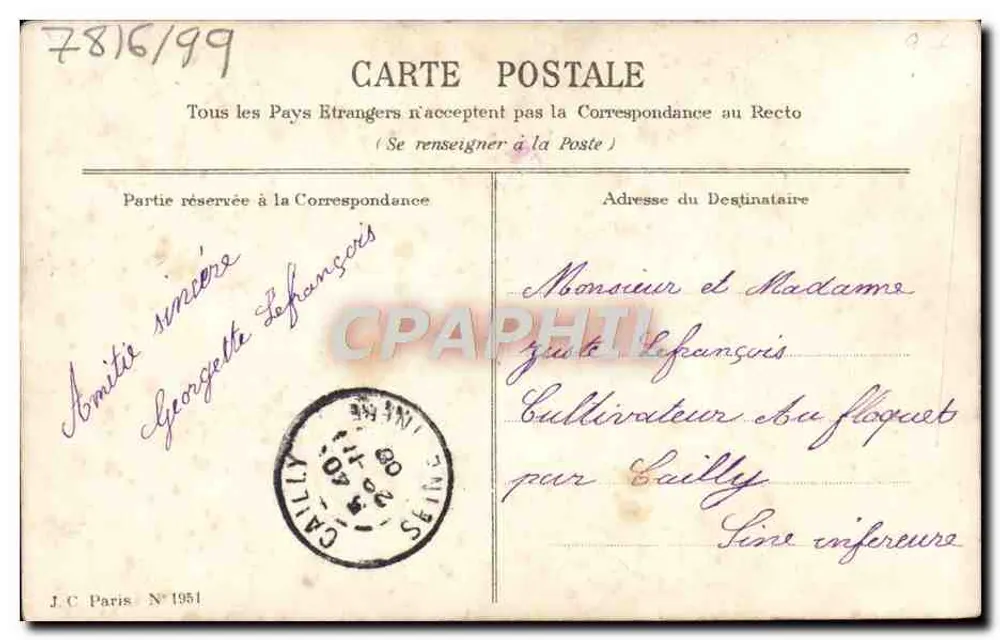 Mão oferecendo um buquê de hortênsias — 'Não esqueça' — J.C. Paris N°1951 - Verso