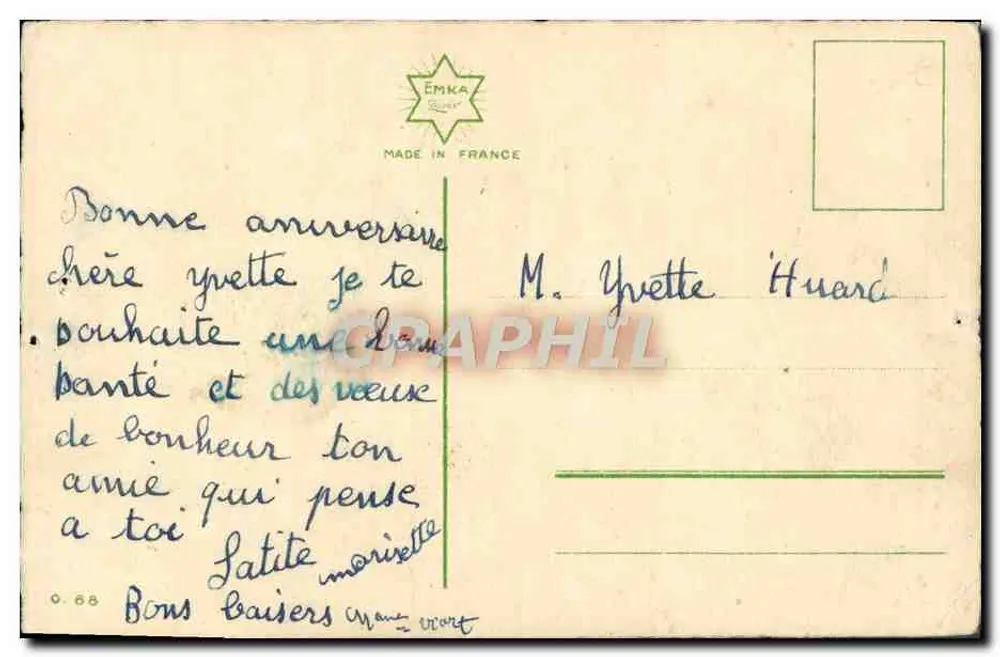Bouquet de roses — composition florale avec un vase vert et un petit bouquet d'oublies — éditeur EMKA, n° 0-68 - Verso