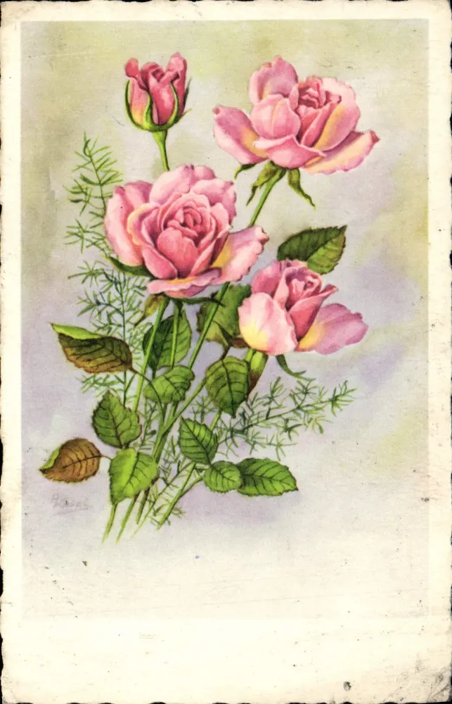 Bouquet de roses — illustration à l'aquarelle — éditeur M.D. PARIS, série N° 4.090 - Frente