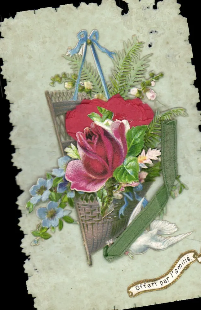 Bouquet de roses dans un panier — scène décorative avec colombe et ruban — éditeur non visible - Frente