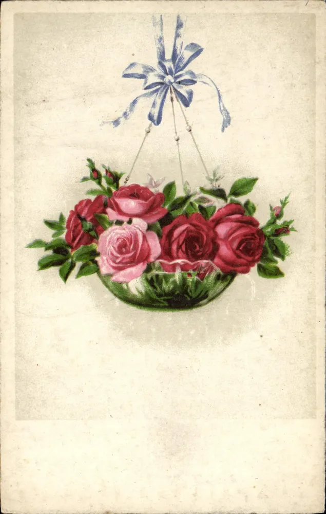 Arranjo de rosas — suspenso por uma fita azul — editor J. Impr. 27, n° 2987 - Frente