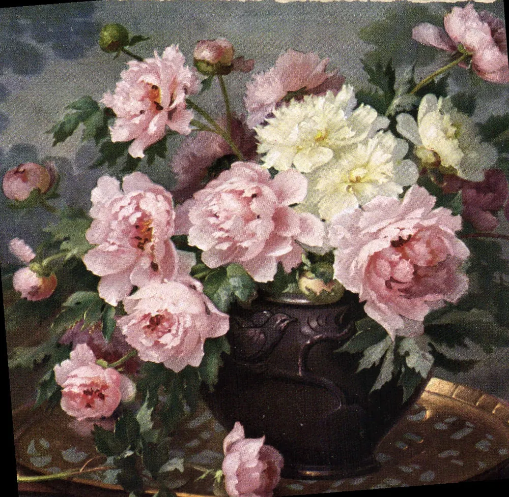 Bouquet van peonies — schilderij — Raphael Tuck & Sons, serie 'Oilette' n° 894 - Voorkant