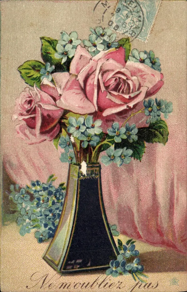 Arranjo de rosas e hortênsias — 'N'oubliez pas' — editor não visível - Frente