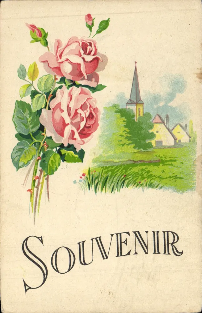 Fleurs de rose — vue de village avec église — J.C. — Souvenir - Awers