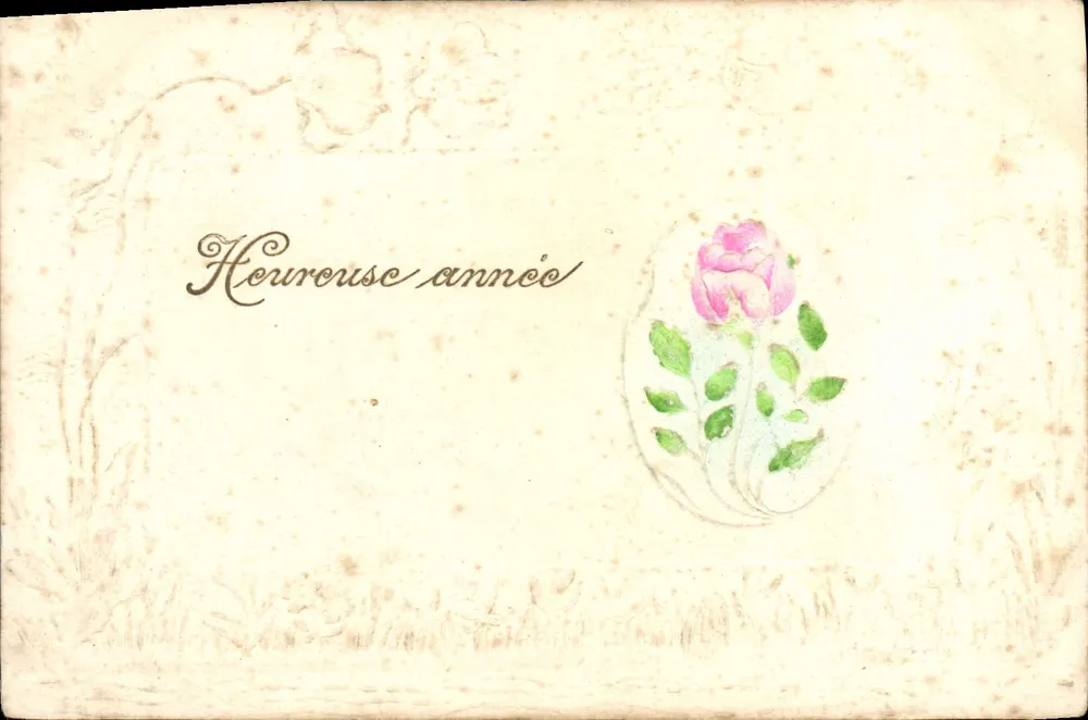 Fleur de rose — carte de vœux avec inscription 'Heureuse année' — éditeur Carte postale (verso) - Frente