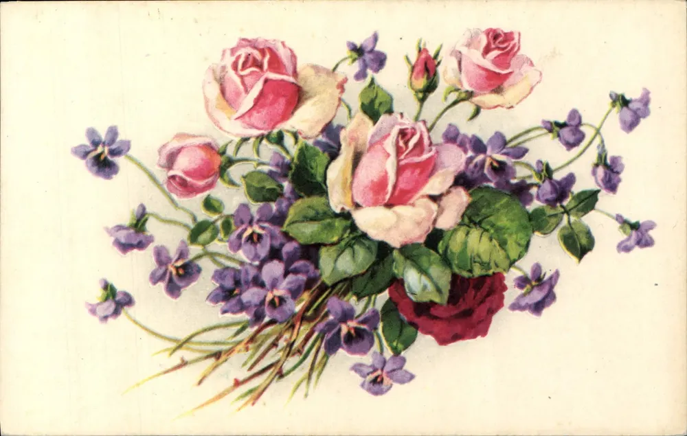 Arranjo de rosas e violetas — Bilhete postal antigo/Bilhete postal moderno — Editor E.R. Paris - Frente