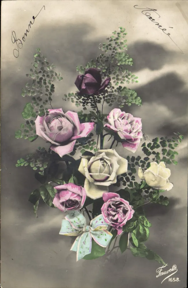 Arranjo de rosas e samambaias — TAUWETTE 1658 - Frente