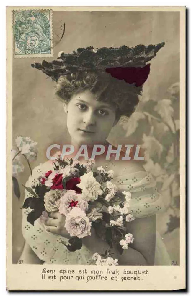 Jeune femme en chapeau de feuillage — poème sur le bouquet — éditeur P.J. (verso) - Recto