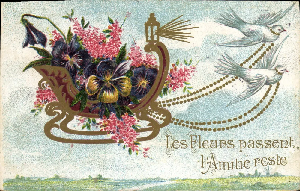 Schlitten mit Blumen und Vögeln — Les Fleurs passent, l'Amitié reste — Universal Postal Union - Vorderseite