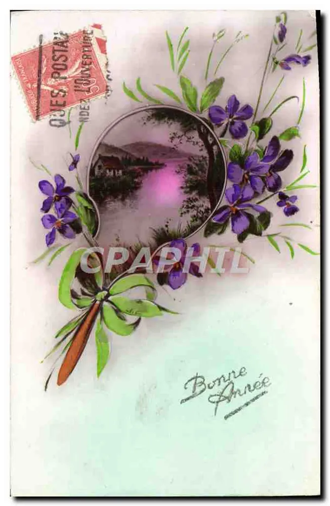 Violetas e paisagem — carta de boas-vindas — editor QUES POSTALE - Frente
