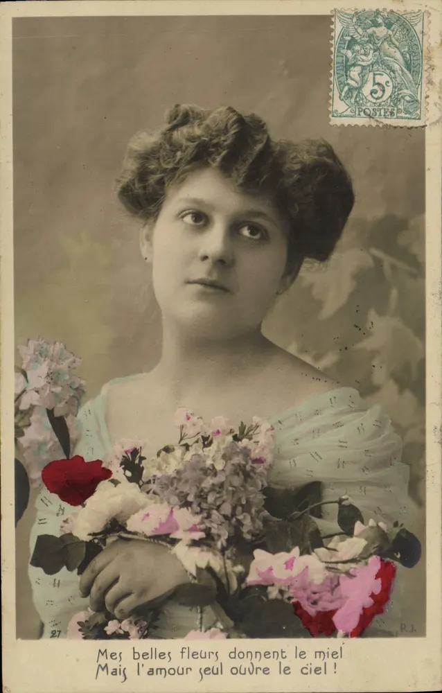 Femme avec bouquet de fleurs — poème imprimé — P.J. n°27 - Recto