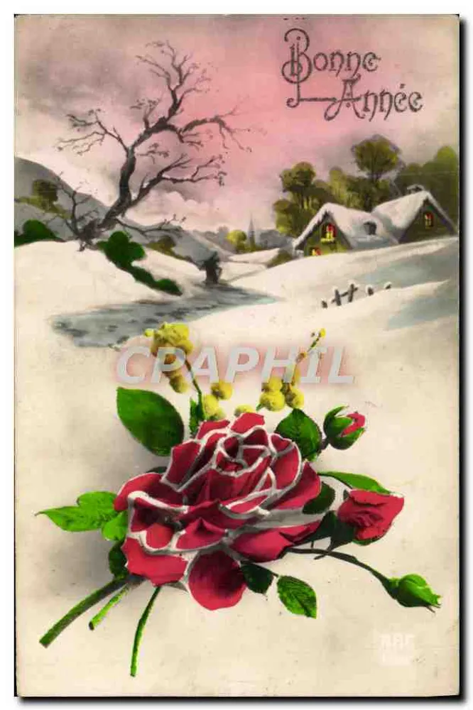 Paisagem invernal com rosa — Boas Festas — editor não identificado - Frente