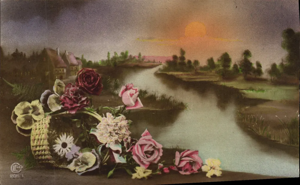 Arranjo de flores — paisagem fluvial ao pôr do sol — editor C. F. n° 2083 - Frente