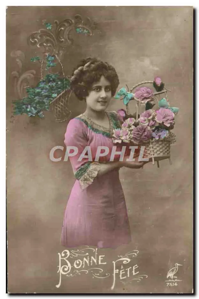 Jeune femme tenant un panier de fleurs — Bonne Fête — 7514 - Recto