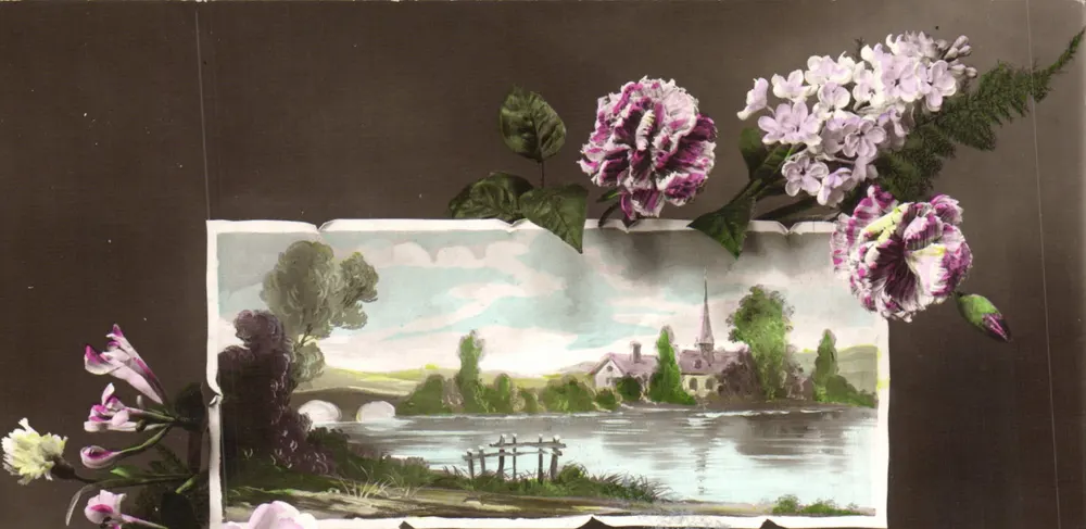 Vista de vila à beira de um lago — decoração floral — editor desconhecido - Frente