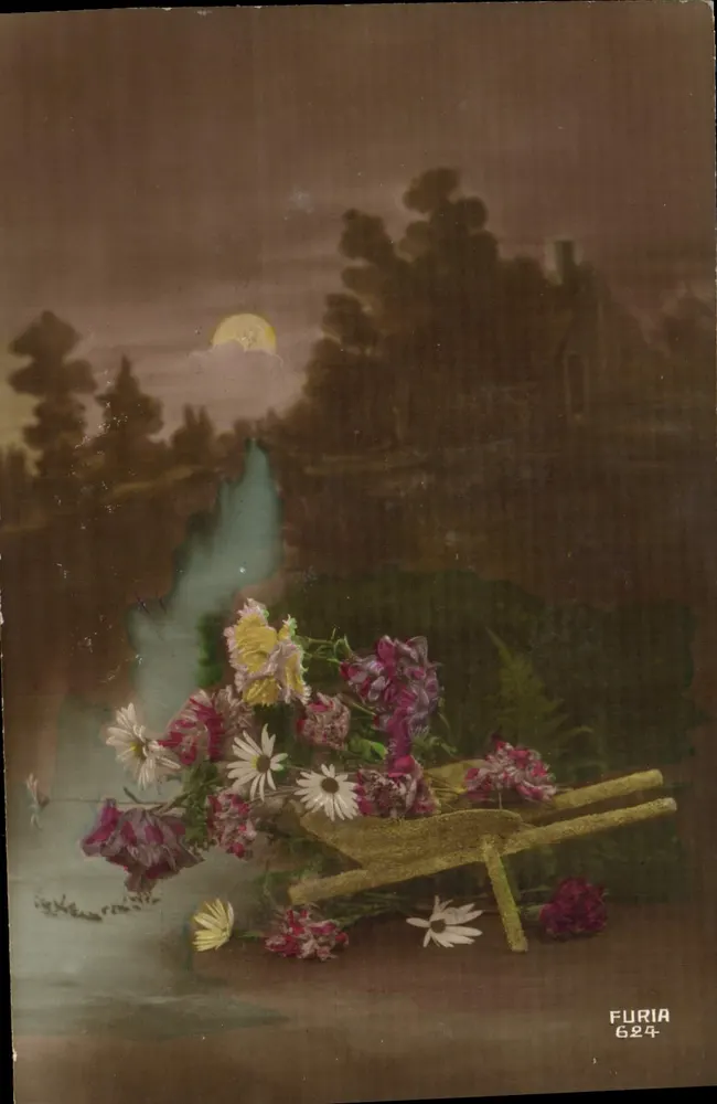 Bouquet bloemen in een karretje — nachtscène met maan — uitgever Furia, nr 624 - Voorkant