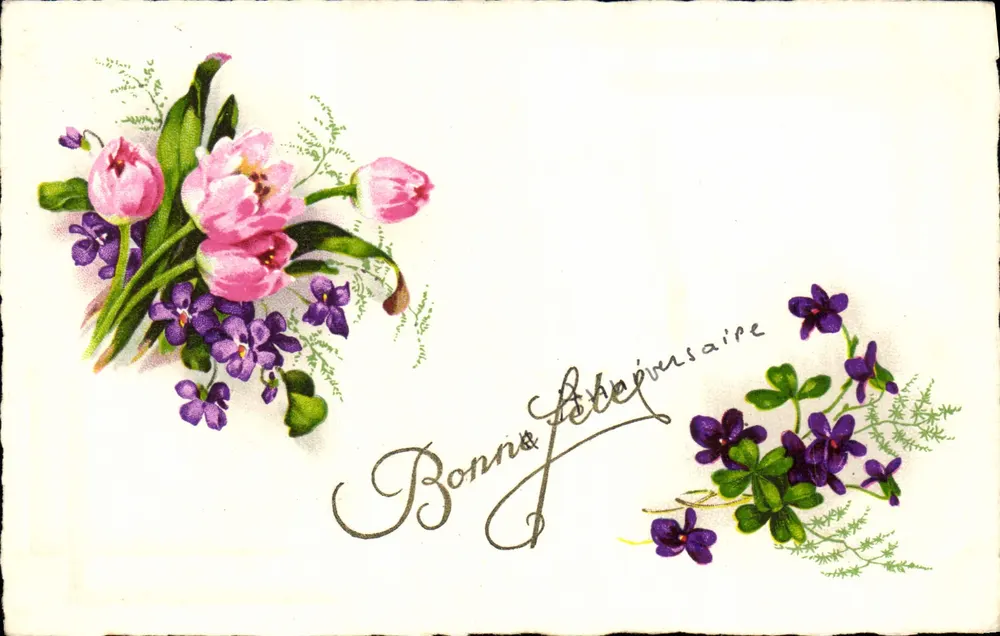 Bouquet van tulpen en viooltjes — Gelukkig verjaardag — Decoratieve ansichtkaart - Voorkant
