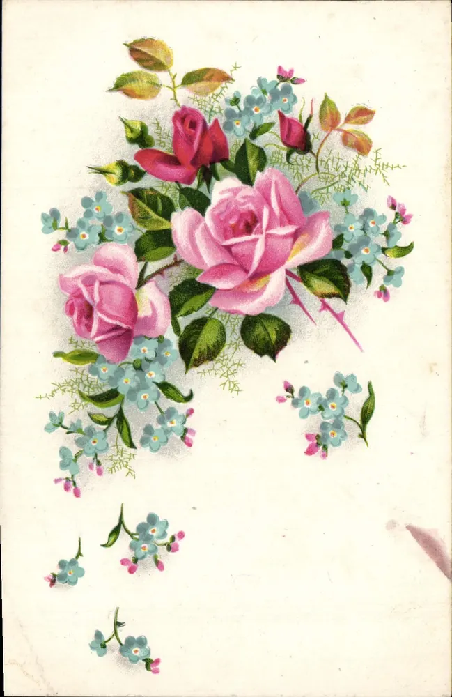 Bouquet de roses et de fleurs bleues — Éditeur A. Lecomte, Paris — N° 1170 - Awers