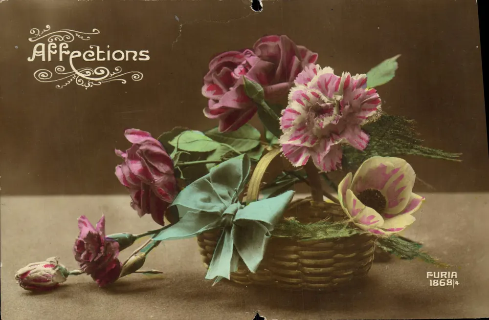 Bouquet de fleurs — composition florale dans un panier — éditeur FURIA, n° 1868/4 - Frente