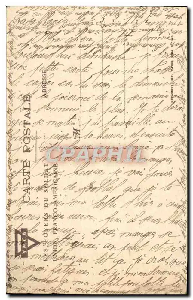 Flores de camomila e margaridas — desenho aquarelado — Carta postal dos soldados do Franco-Americano - Verso