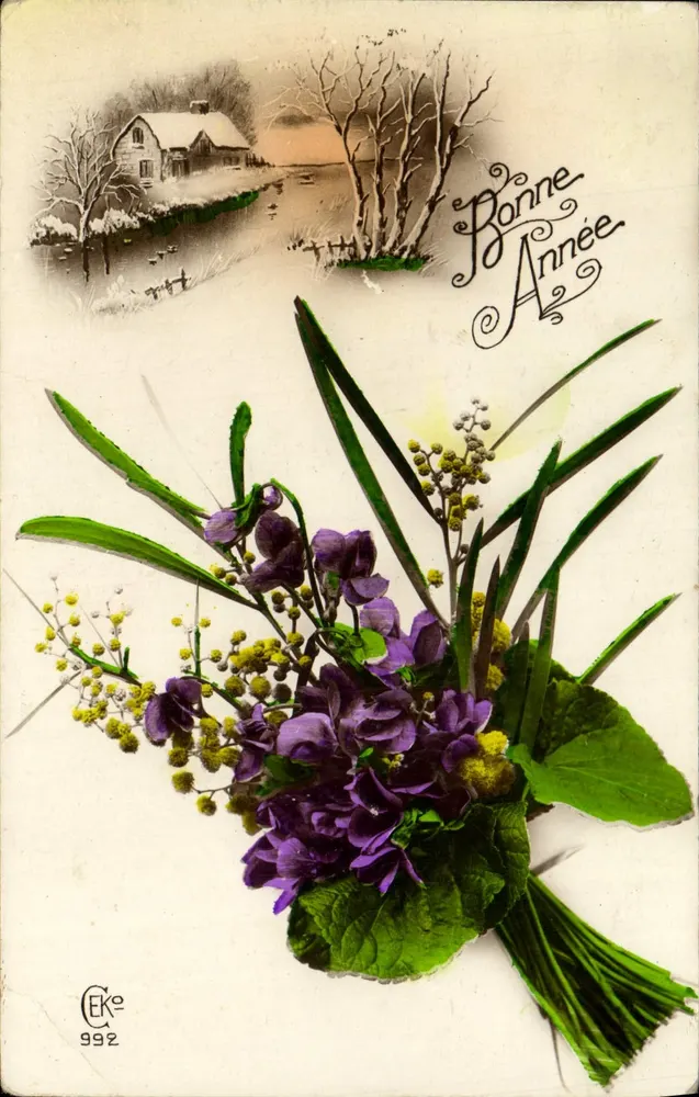 Arranjo de violetas e mimosa — Boa Ano — Editor CEKE n°992 - Frente