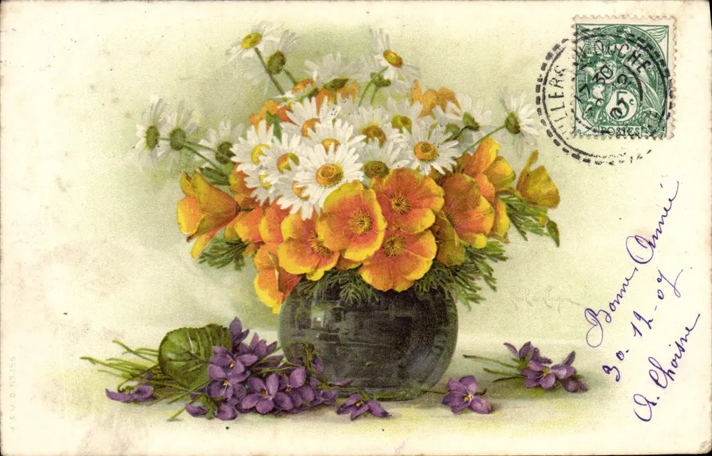 Buquê de flores — margaridas, papoulas e violetas — A. & B. BESIÈRES - Frente
