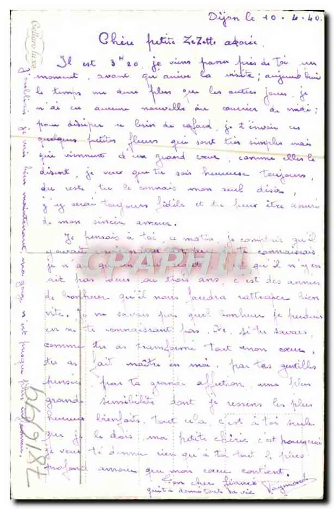 Violetas e pêssegos — cartão de felicitações com poema — editor não identificado - Verso